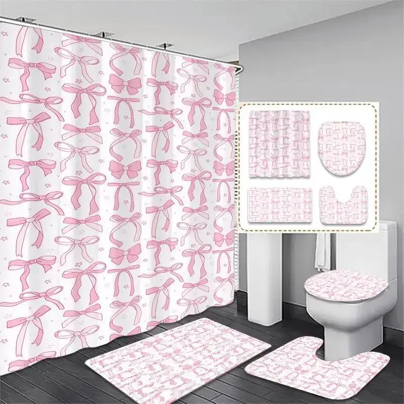 Bow Pattern Bathroom & Restroom Accessories, 1 Set Shower Curtain & Toilet Mat & Bath Mat & Toilet Lid Cover, Bathroom Decor Supplies, Bathroom Decor And Accessories, Shower Curtain Sets