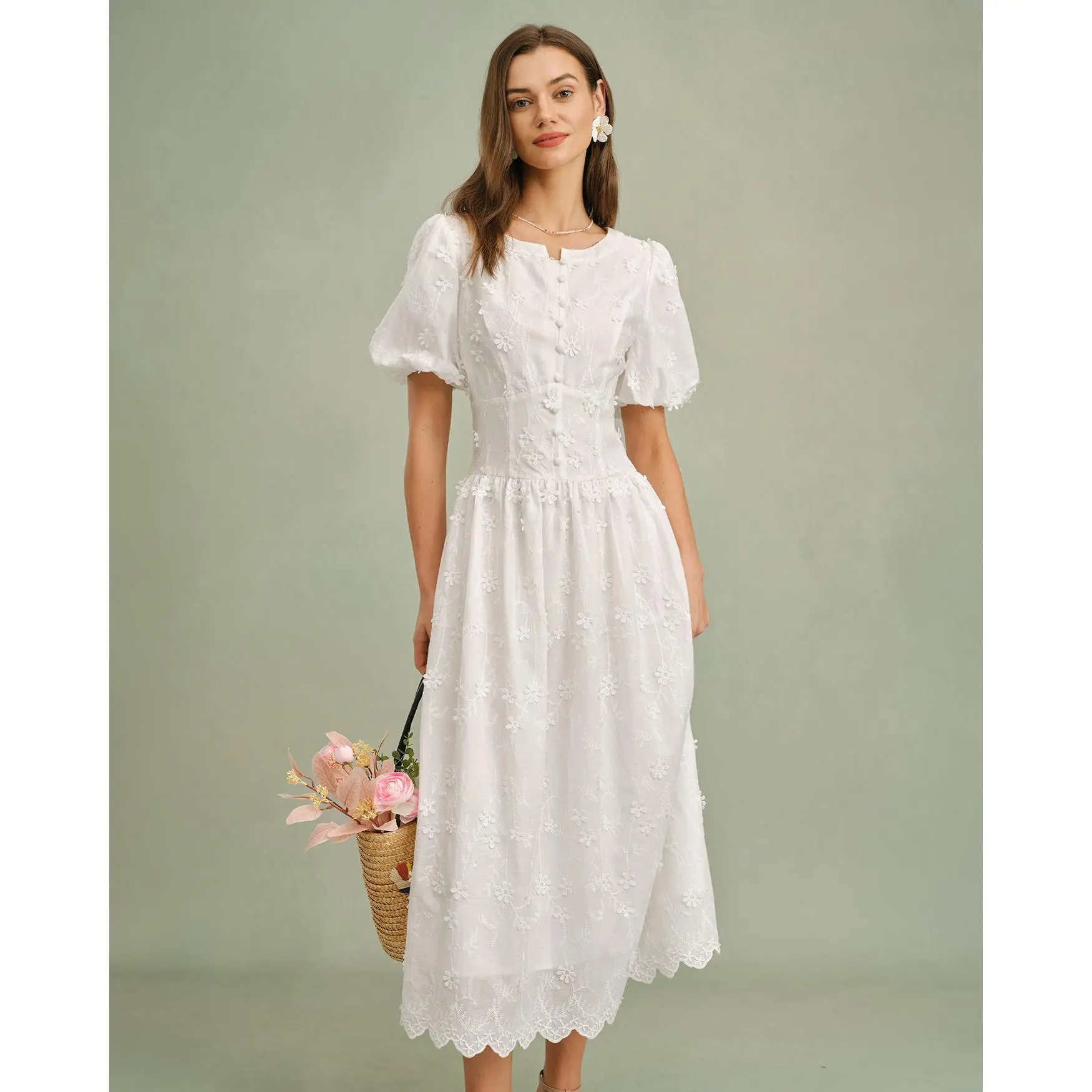 Rihoas Women's Casual Floral Short-Waisted Midi Dress - White Round Neck Cap-Sleeve 1-Piece, Polyester-Cotton Fabric, Beach Lady's Women's Clothes, Casual Wear, Light-Colored Casual Dresses