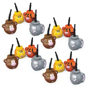 14 oz. Bulk 60 Ct. Zoo Animal Reusable Plastic Cups with Lids & Straws