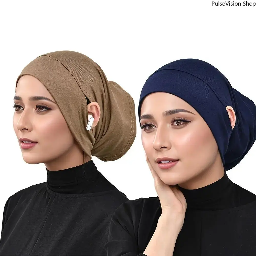 Plain Nylon Hijab Undercap Band for Muslim Women, Basic Daily Fashion Tube Cap with Ear Slits for Headphones and Masks