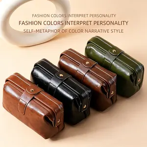 Large-Capacity Plain PU Leather Travel Pouch - Light Luxury Waterproof Makeup Bag, Genuine Soft Leather Storage, Vintage Color Scheme, Slim Business Travel Padfolio, Mini Portable Set Pen