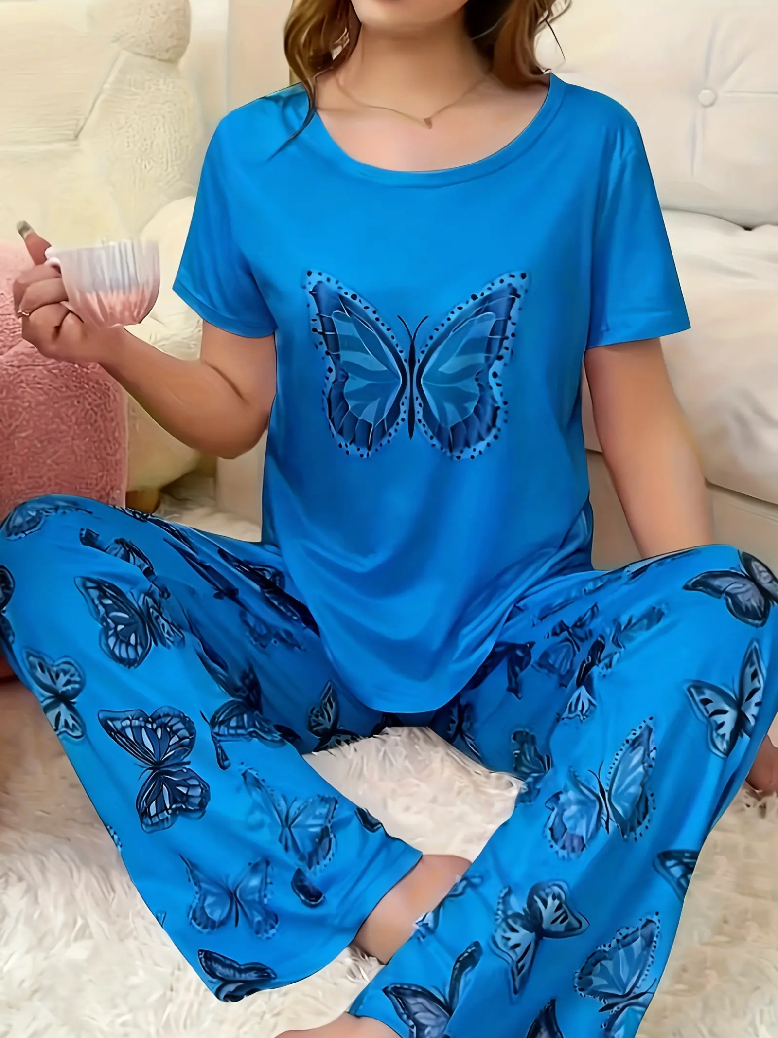 Women's Blue Butterfly Print 2-Piece Pajama Set - Round Neck Short Sleeve Polyester Graphic Tee & Full Print Long Pants, Soft Lightweight Stretch Fit Summer Sleepwear, Machine Washable Casual Home Loungewear