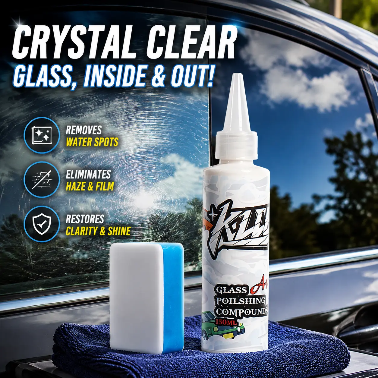 Automotive Glass Polish & Water Spot Remover - Eliminates Oil Film, Hard Water Stains, Wiper Marks, Restores Crystal Clear Visibility, Provides Hydrophobic Coating Protection
