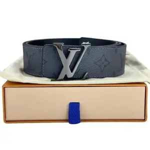 Pre-owned Louis Vuitton Leather Small Leather Goods Monogram Canvas Belt with Classic LV Buckle and Blue Strap