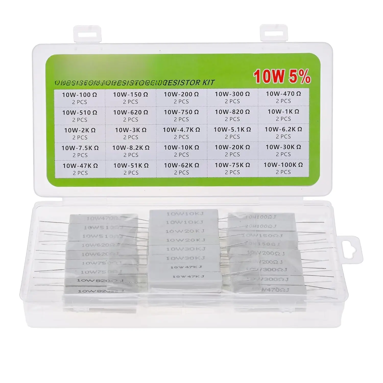 25 Values 50 count Ceramic Cement Resistor KIT 10W Resistance 10 Watt +-5% Power Resistors (100 Ohm - 100K Ohm)