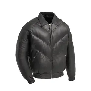 FM Men's Black Leather Puffer V Bomber Jacket