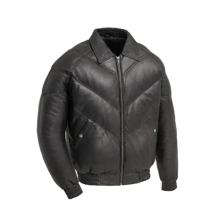 FM Men's Black Leather Puffer V Bomber Jacket
