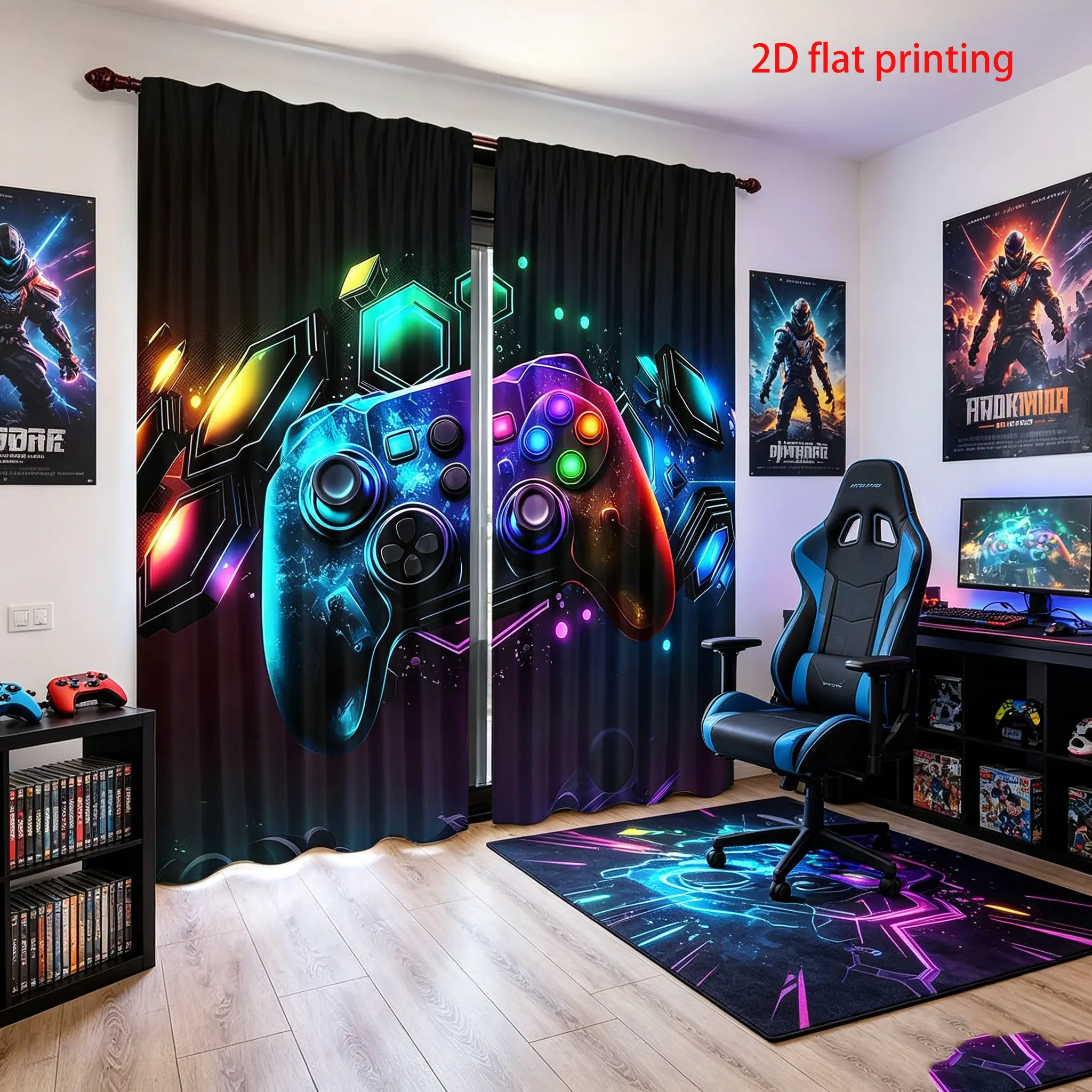 2-piece black background colored gaming controller printed curtains, 2D printed semi-transparent polyester fabric, rod pocket design, machine washable, suitable for bedroom, living room, dining room decor, year-round room decoration