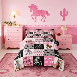 Pink Horse Bedding for Girls Bed,Western Cowgirl Farm Animal Comforter Set,Kids Women Watercolor Floral Horse Comforter,Boho Arrow Black White Checkered Grid Stripe Quilt Bedding
