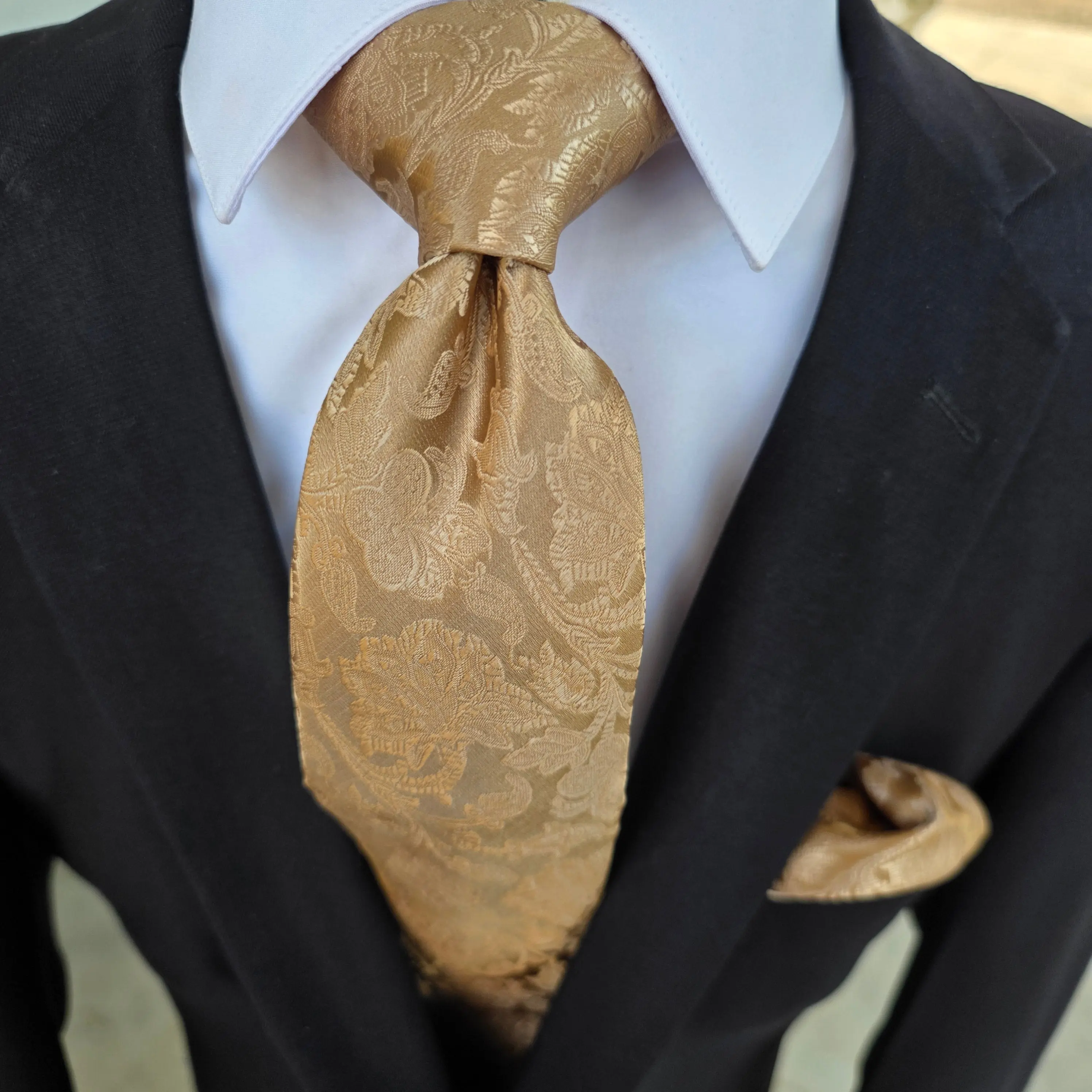 Extra Long Gold Floral Tie Pocket Square Cufflink Set