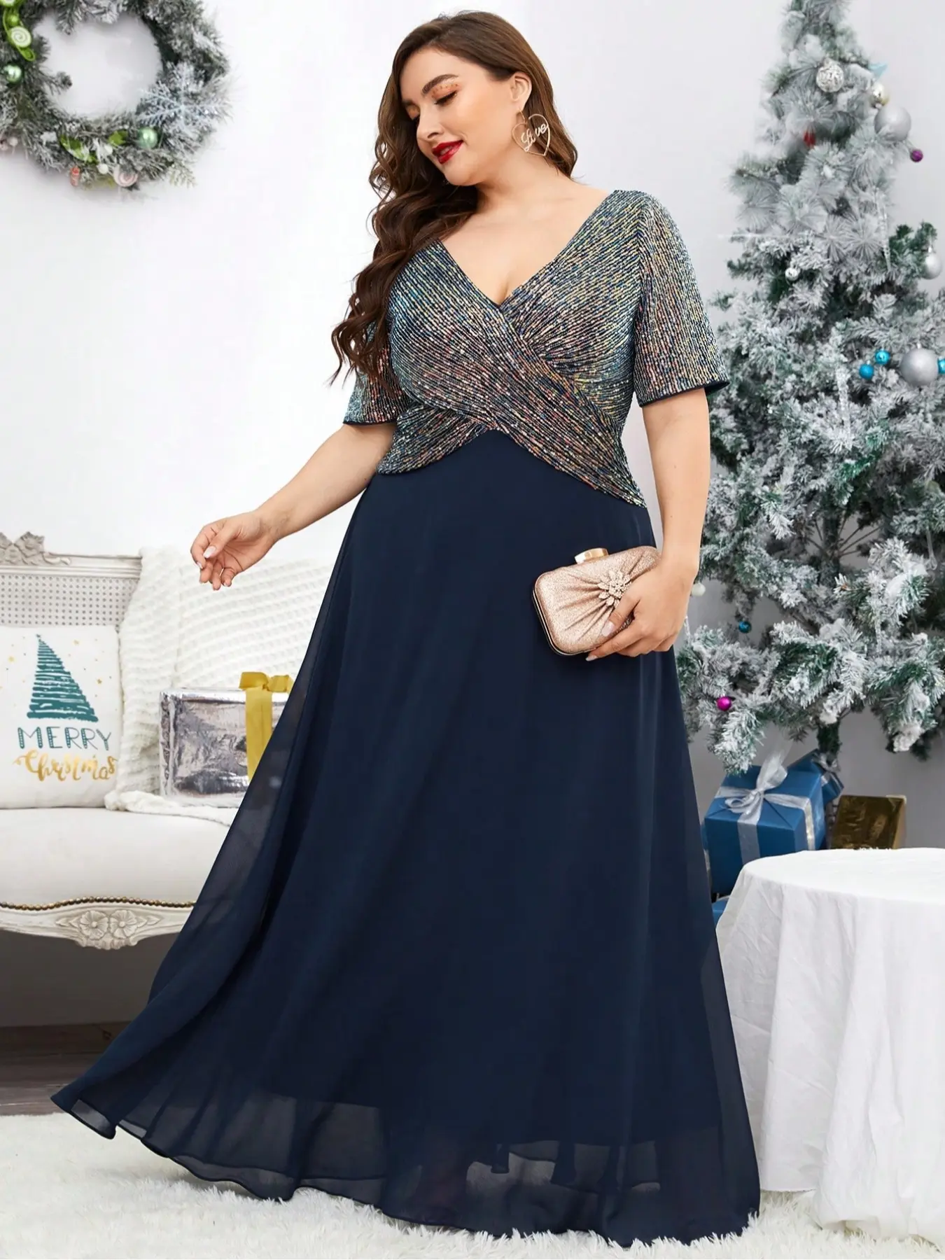 Elegant Plus Size Women's V-Neck Short Sleeve Lightweight Soft Sequin Chiffon Evening Gown Maxi Dress, Stylish Chic Party Prom Dress, Formal Occasion Wear, Womenswear