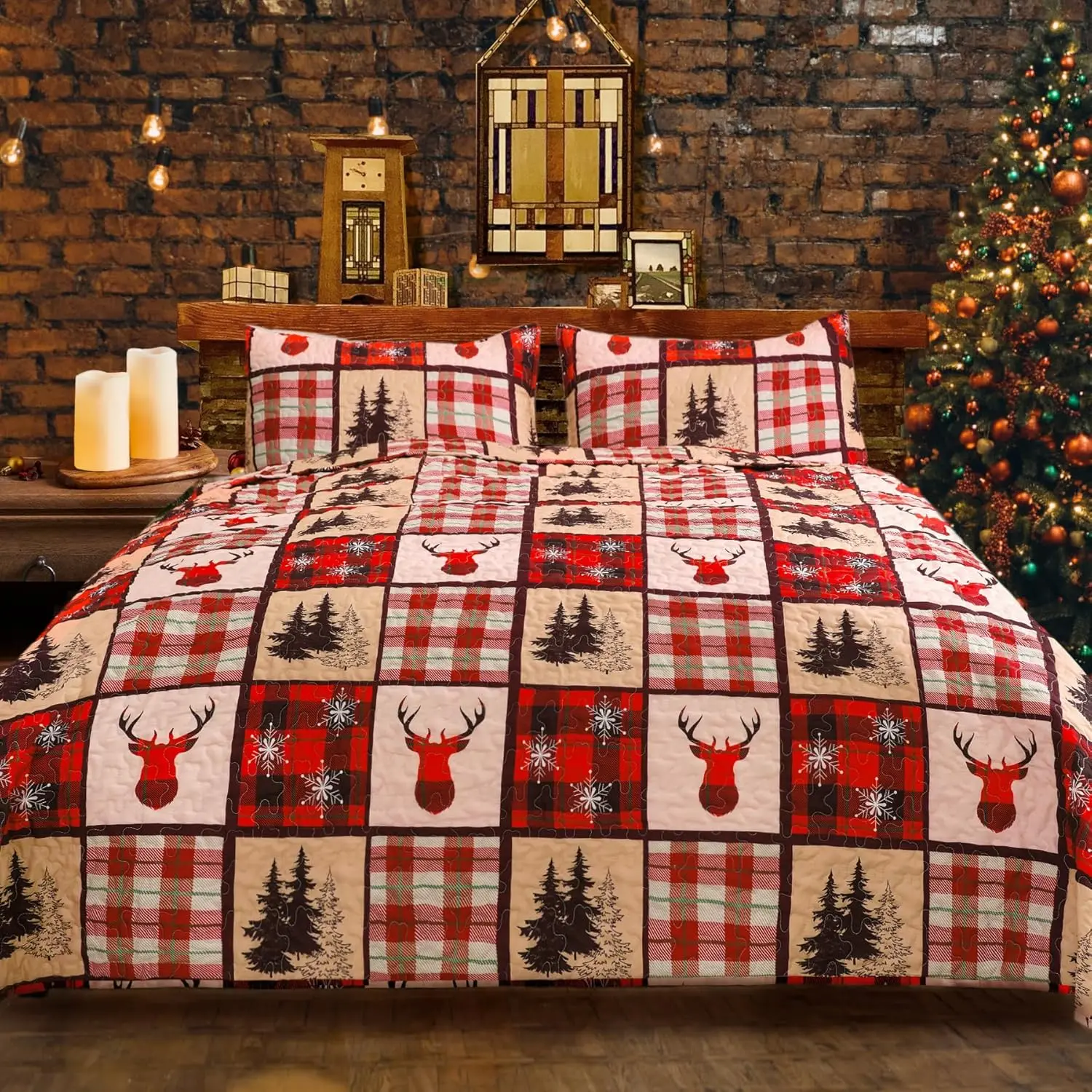 Christmas Quilt Set  Size, Red Christmas Bedding Comforter Set Lightweight Patchwork Elks Quilted Coverlet Bedspread with 2 Pillow Shams(96 * 90")