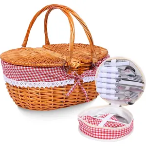 Wicker Picnic Basket with Handle, 15" Large Picnic Basket with Lid & Removable Liner, Vintage Hand Woven Basket with Cutlery Set for Picnics, Camping, Thanksgiving, and Birthday