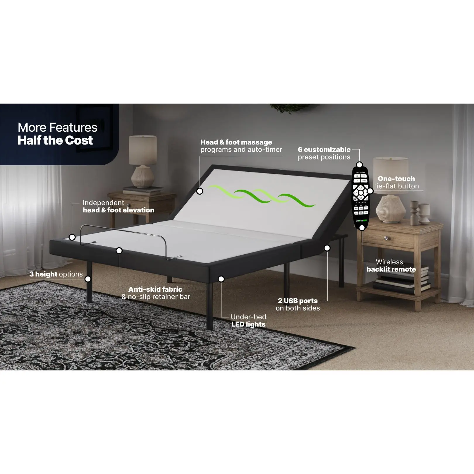 GhostBed Adjustable Reclining Bed Base - Heavy-Duty, Comfortable and Sturdy Angle Adjustable Bed Frame with Luxury Customizable Comfort, Integrated Massage Function, Wireless Remote Control, Built-In Light, Angle Adjustable Bed Frames