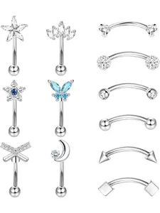 12stk 16G Rook Piercing for Women Men Stainless Steel Eyebrow Piercing Jewelry Piercing Ear Curved Barbell Piercing Banana Short 6mm 8mm Gems For Piercings