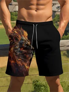 Men'S Casual 3D Printed Golden Lion Shorts - Quick-Drying Polyester, Adjustable Waist, Ideal for Outdoor Activities And Surfing, Summer Beach Attire, Sports Shorts with a Striking Lion Design, Made from Polyester Material,