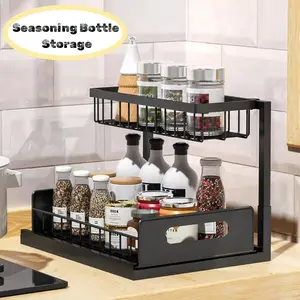 Seasoning Bottle Storage Rack,Under Sink Organizers 2 Tier Slide Out Kitchen Cabinet Organizer Metal Bathroom Storage,Black
