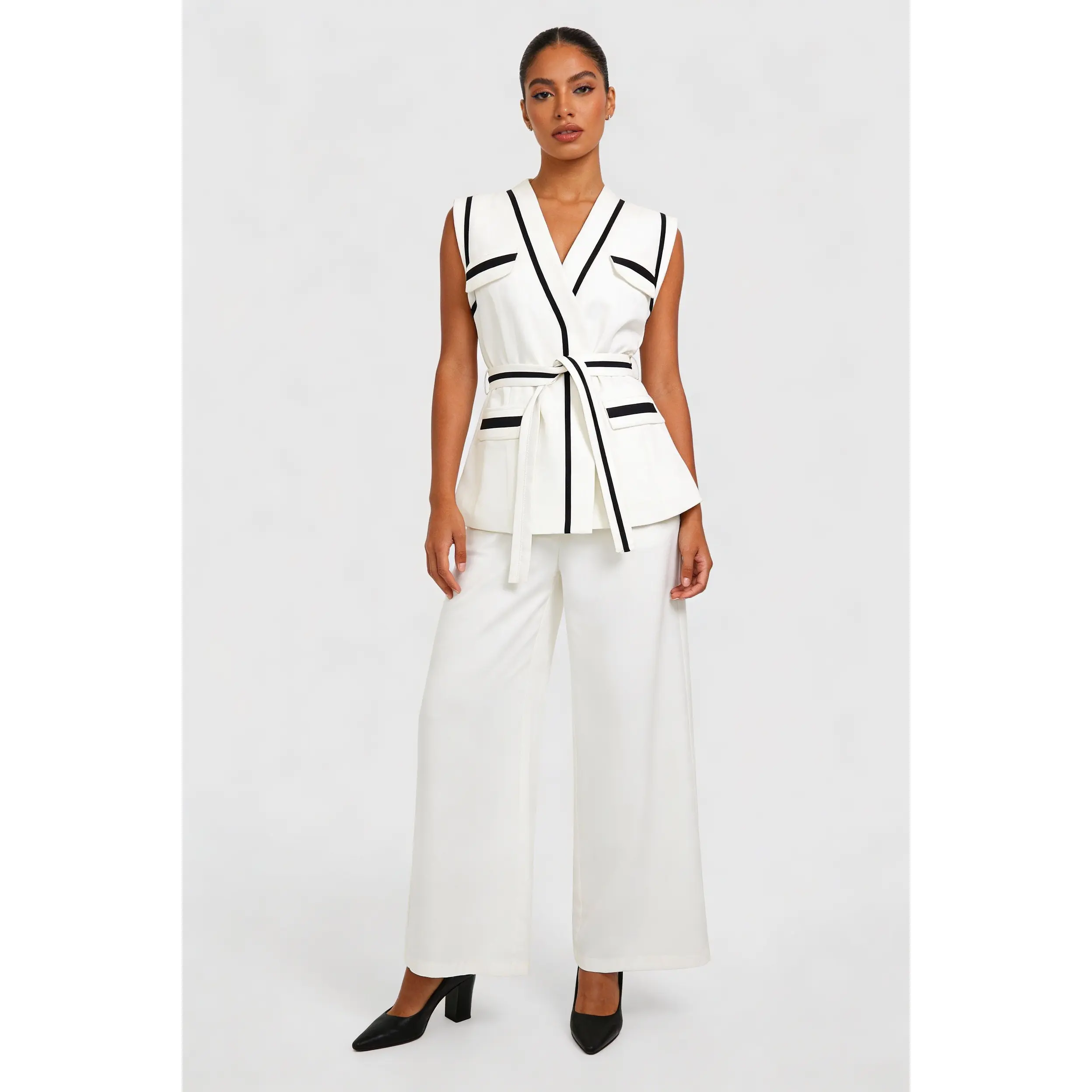 Contrast Trim Belted Vest & Pant Set