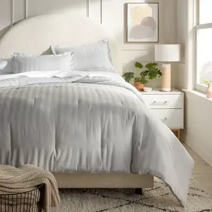 3pc Full/Queen Luxe Striped Damask Comforter and Sham Set Light Gray - Threshold: 300 Thread Count, OEKO-TEX Certified