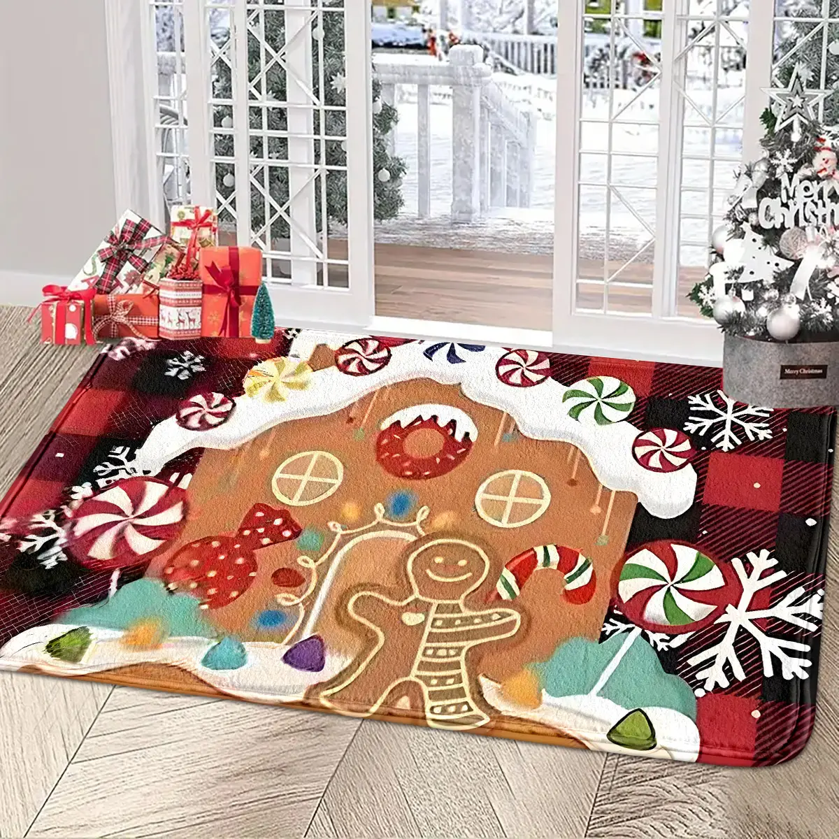Style Square Christmas Home Decor Rug, Soft Non-Slip Foldable, Creative Gingerbread Man Carpet Gift, Home Decorative Rug