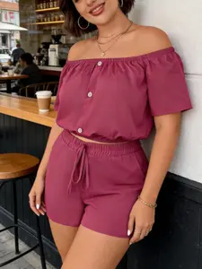 Elegant Plus Size Women's Set, Womenswear, Sexy One Shoulder Short Sleeve Button Top & Drawstring Waist Shorts, Comfortable Casual Wear