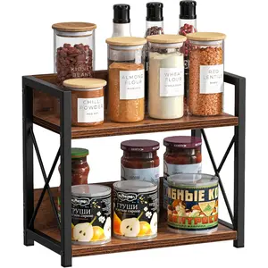1 PC  Double Layer Wooden Coffee Bar Shelf with Spice Rack Countertop Storage Station Organiser for Mugs Cups Creamer Syrup Space Saving Tool Free Assembly