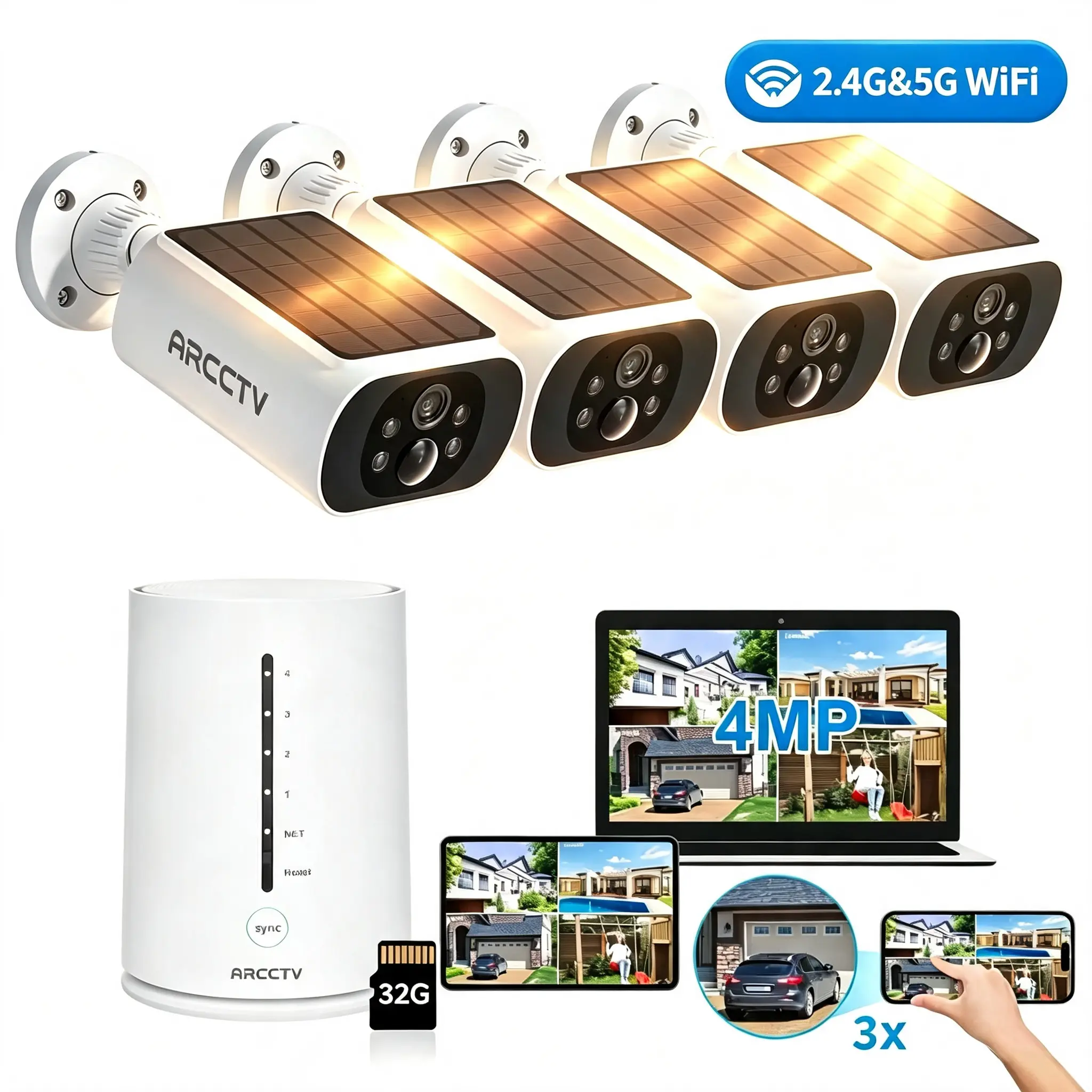 ARCCTV Solar Security Cameras Wireless Outdoor,4 Cam-Kit,4MP HD Video,Color Night Vision,PIR Motion Detection,With 32GB SD Card,IP65 Waterproof