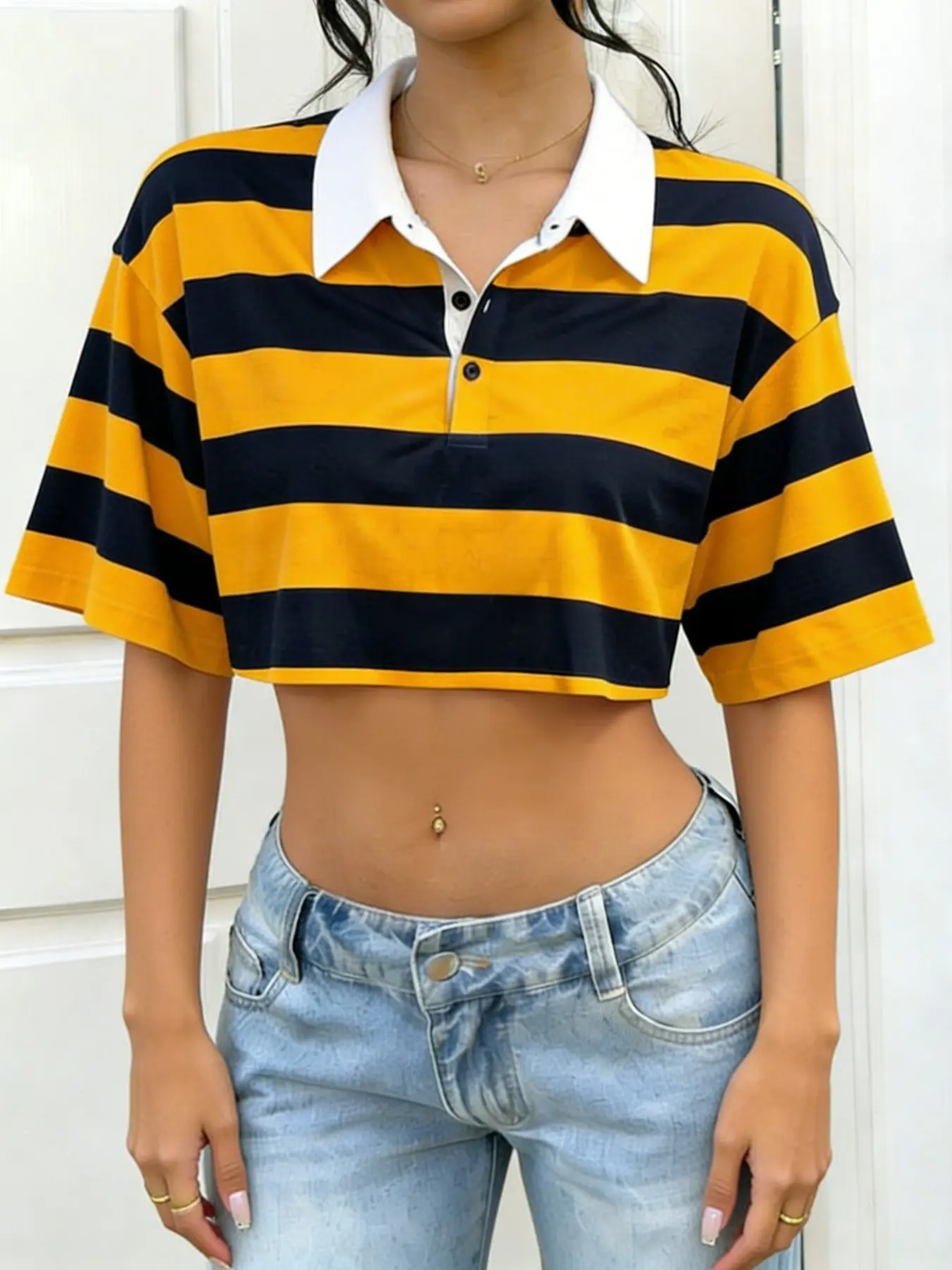 Vintage Colorblock Striped Short Crop Polo Shirt, High Waist Loose Fit Half Sleeve Street Style Top, Women's Fashion Casual Wear