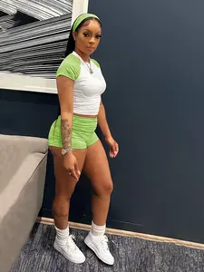 3 Piece Set Tw733 Street Style Color Block Sporty Round Neck Short Sleeve T-Shirt with High Waist Shorts, Casual Sport with Headband, Sportswear Set