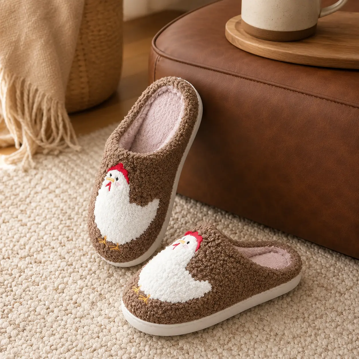 Women's Warm Plush Coffee-Themed Hen Embroidery Slippers - Soft Bedroom Slides for Winter Home Wear, Lounging, Slippers For Women, Cotton, House Slippers, Round Toe