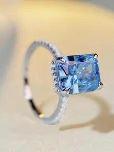 Women's Pure Silver Proposal Ring High-Carbon Diamond Ice Flower Cut Zircon Sea Blue Sapphire Finger Ring Cross-Border Jewelry