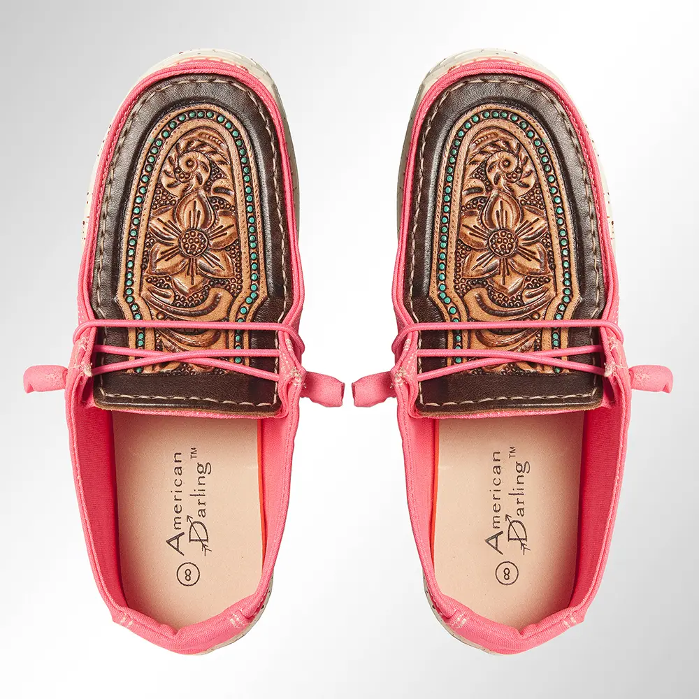 American Darling Hand tooled, carved genuine leather trim lightweight shoe footwear, slip on| Tooled Footwear