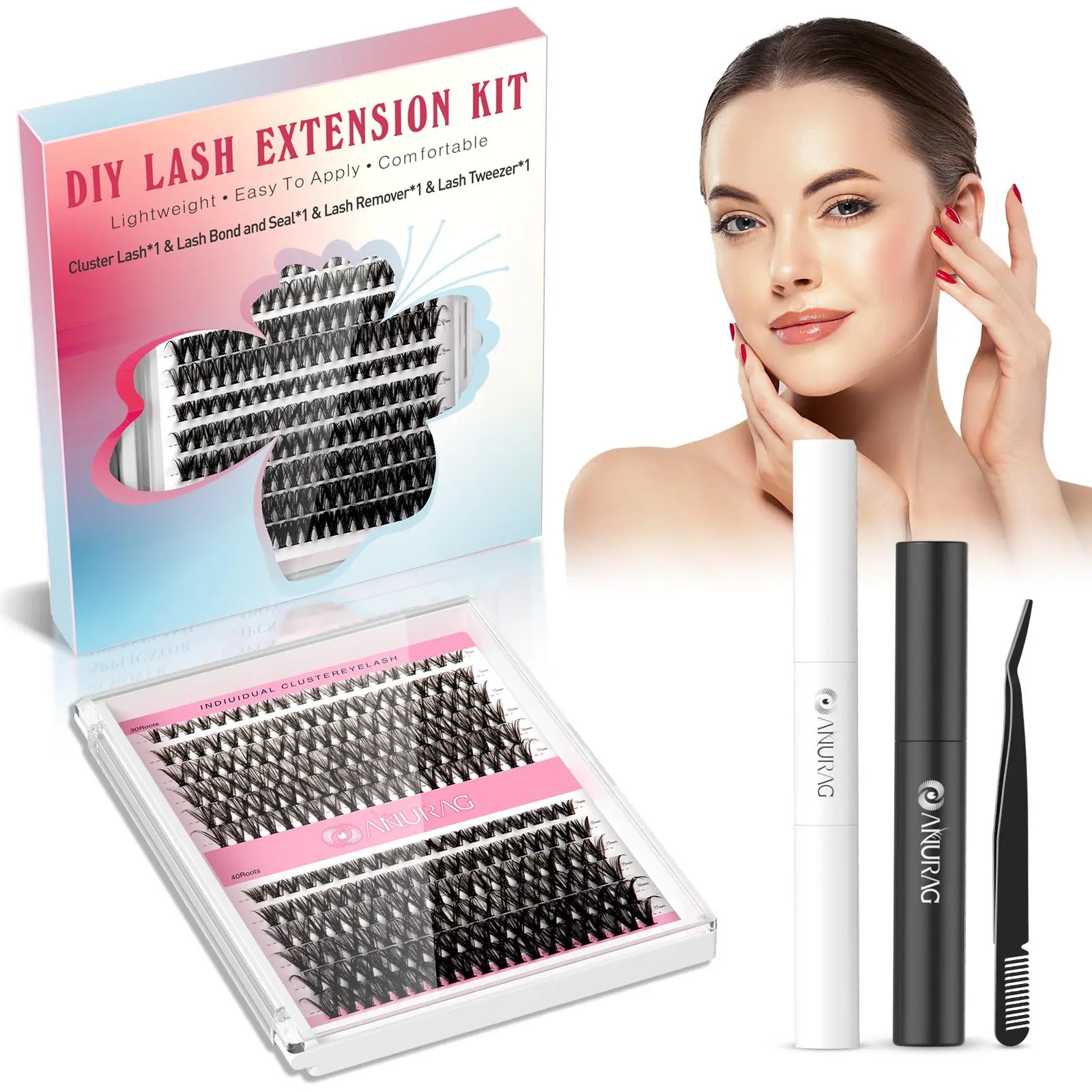 Cosmetic Waterproof Salon Steel Lash Extension Set - Wispy 9-17mm C Curl Cluster Eyelashes, Lash Bond & Seal, Steel Tweezer, DIY Kit for Beginners #SummerWins #DealsForYouDays