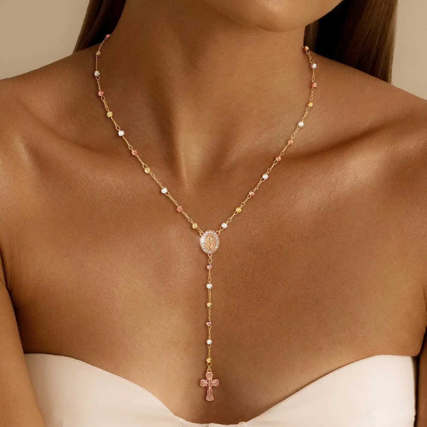 KOPERIN Women's Gold Virgin Mary Necklace - 14KGold Plated Rosary Bead Cross Necklaces, Hypoallergenic Non Tarnish Gold Catholic Y Chain Necklace, Religious Rosary Beads Crucifix Necklaces Jewelry Gift for Her