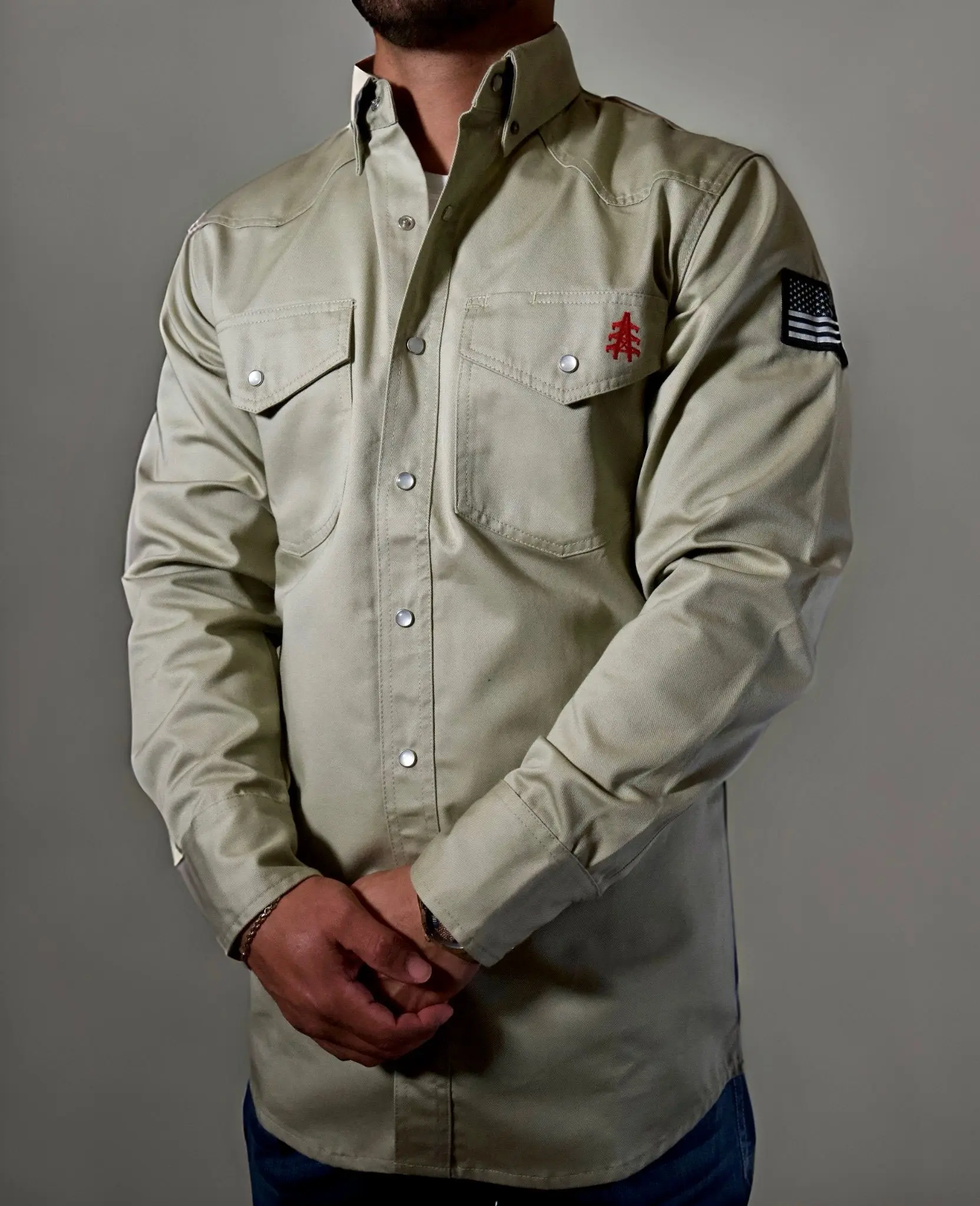 FR Western Style Pearl Snap - Khaki - With U.S Flag