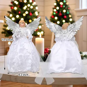 Lighted Christmas Angel Tree Topper – LED - Illuminated Angel Figurine with Silver Wings & White Gown, Festive Tree Decoration for Holiday Season