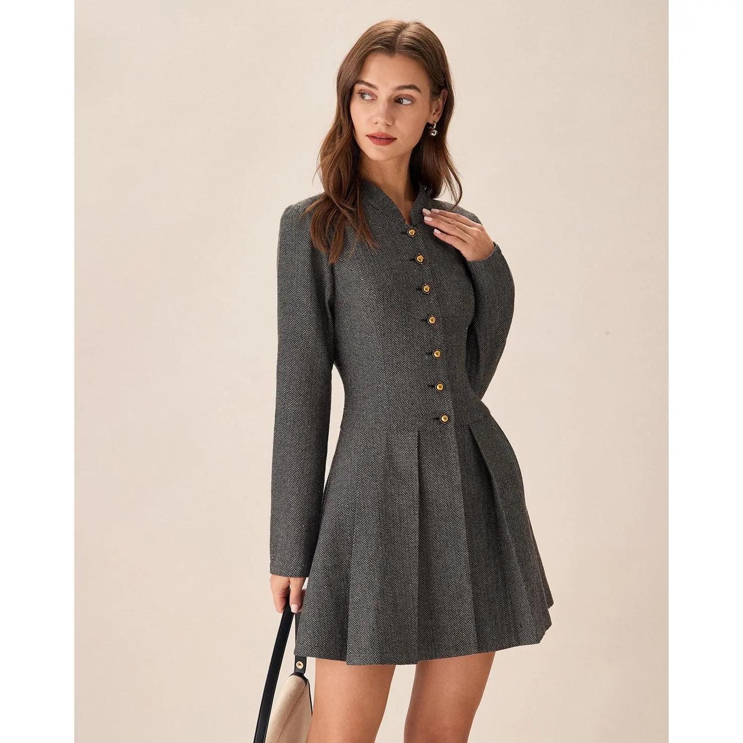 Rihoas Women's Grey Long-Sleeve Button-Front Pleated Mini Dress - Soft Polyester, Stainproof Classy Executive Button-Adorned Casual & Office Wear Dresses, Classy Casual Dresses