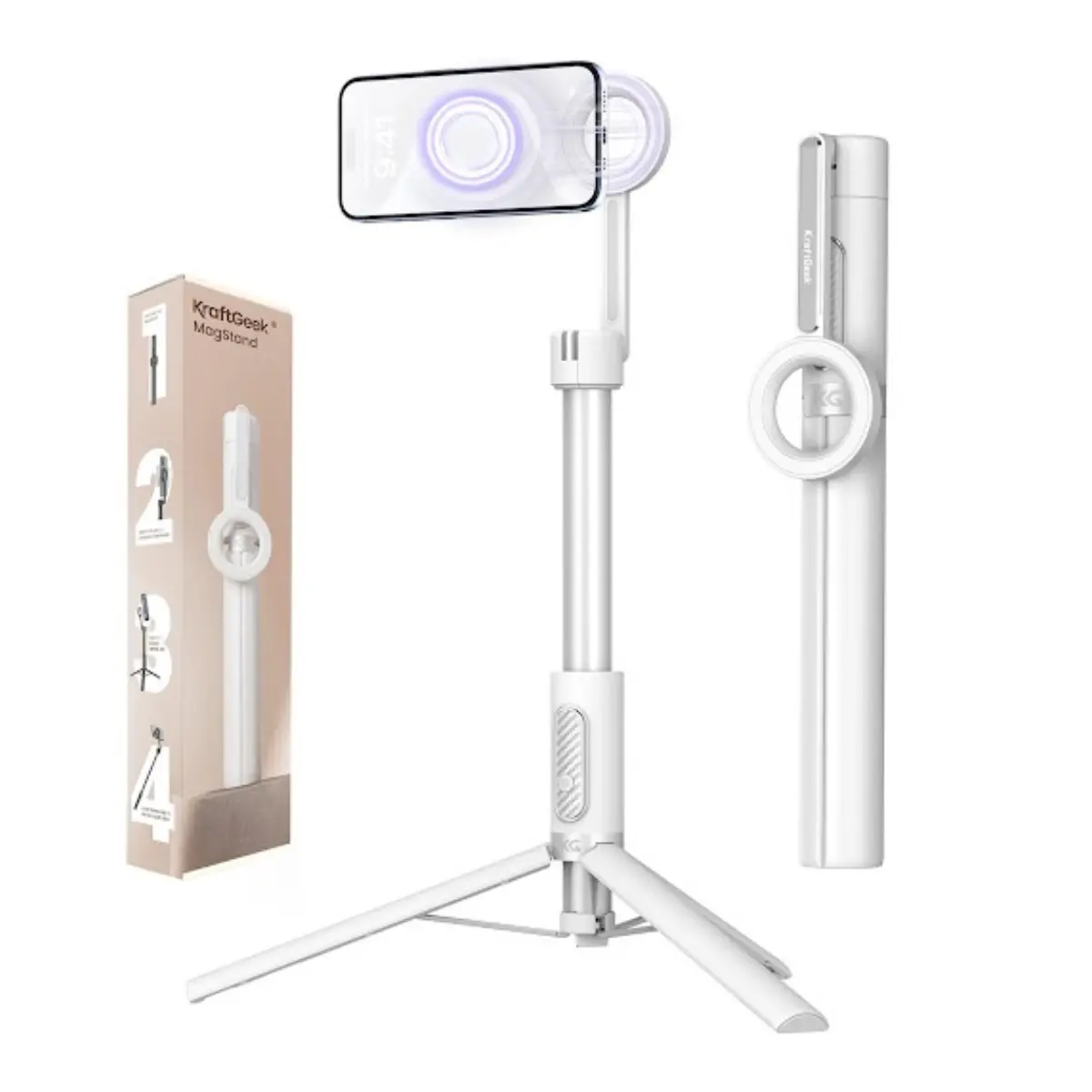 KraftGeek Magstand Magnetic Selfie Stick Tripod for iPhone and Android, 64" Phone Tripod Compatible with MagSafe, Fit for iPhone 17 and Pixel 10, MagSafe Case and Other Phones with Metal Ring