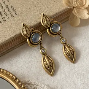 Clip-On Earrings for Women, Retro Leaf Dangle Design in Gold-Tone Alloy with a Blue Gem, Hypoallergenic for Sensitive Ears