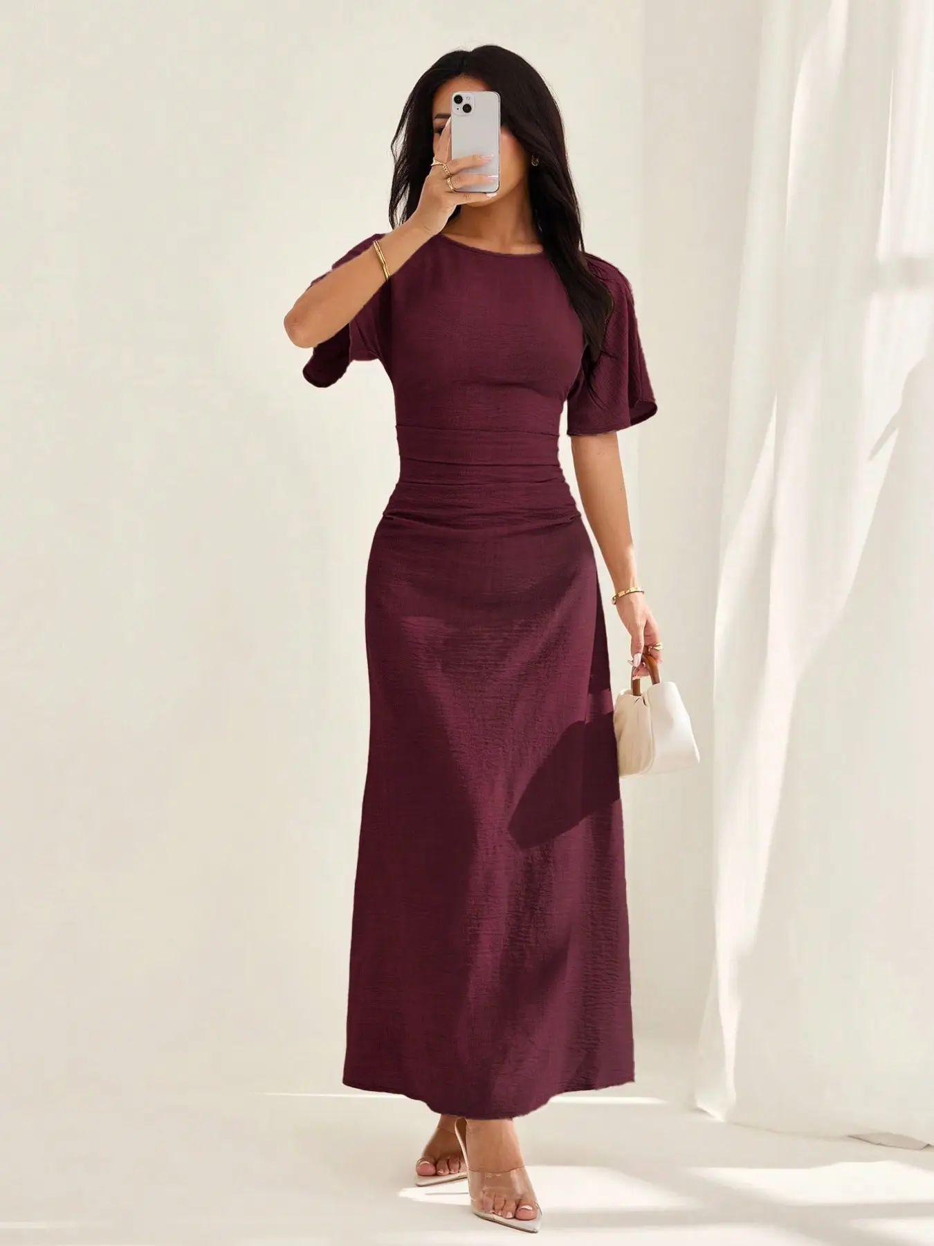 Women's Elegant Casual Summer Short Bodycon Ruched Round Neck Dress, Lady, Solid Pattern, No Ca Prop 65, Stylish Design, Perfect for Warm Weather, Comfortable & Chic, Womenswear