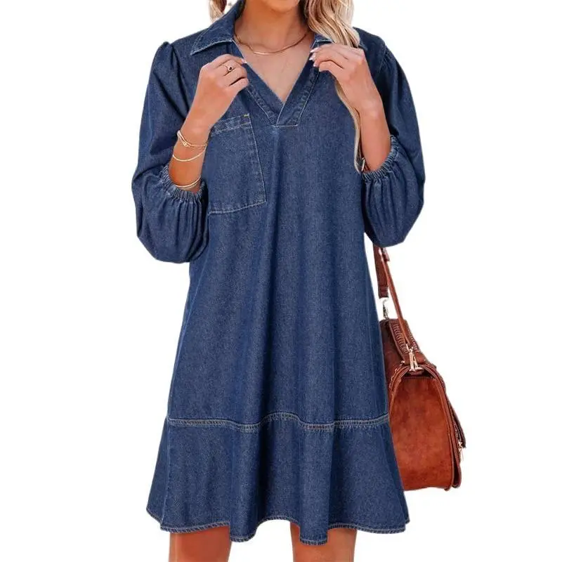 Women's Chic Babydoll Denim Dress - Casual V-Neck, 3/4 Puff Sleeves, Breathable Soft Cotton Blend Fabric, Fashion Style for Fall Casual Wear, Graduation, 3/4 Sleeve, Do Not Bleach, Going Out, Baby Doll Aesthetic, Denim Dresses, Flattering Cut, Puff Sleeve