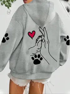 Women's Dog Footprint Print Hoodie with Kangaroo Pocket, Drawstring Drop Shoulder Sweatshirt, Casual Fall Fashion Pullover