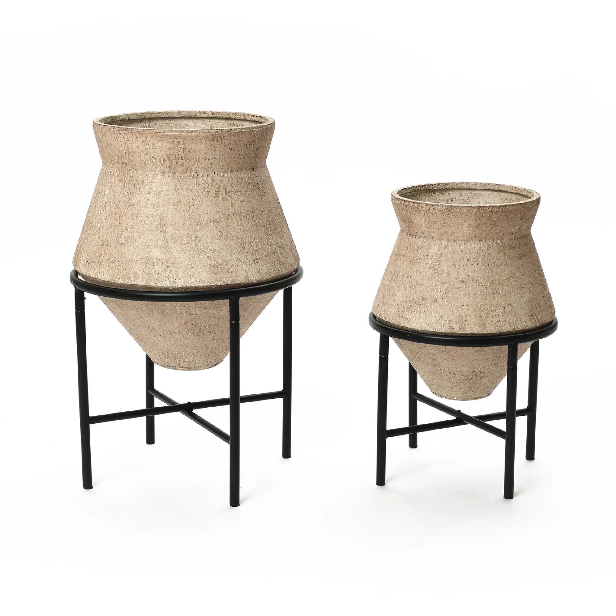 16"/13" Metal Cachepot Cauldron 2PC Set with Black Stands, Distressed Beige