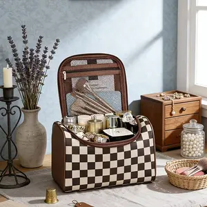 1pcs Women's Portable Brown Vintage Checkered Cosmetic Storage Bag, Skincare Product Storage Bag, Large Capacity Elegant Handheld Waterproof Tote Bag, Checkered Makeup Bag, Portable Makeup Brush Storage Box, Suitable for Home Use and Travel