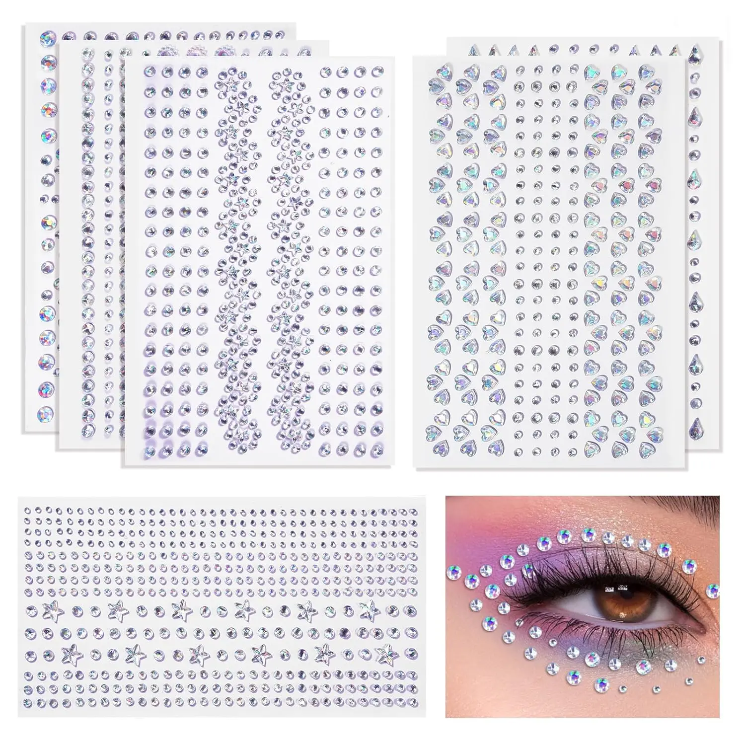 1965Pcs Face Gems for Women, Self-Adhesive Eye Jewels for Body and Hair | Color-changing  Effect, No Extra Glue Needed, 6 Shapes, 1965 pcs for Makeup, Nails, Crafts, Festivals and Raves