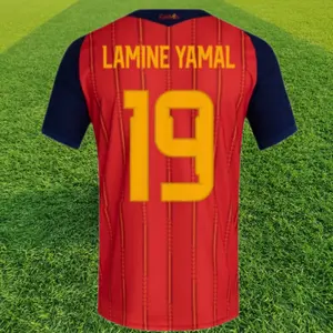 2026 Home Red  Blue Short Sleeve No. 19 Lamine Yamal Soccer Jersey