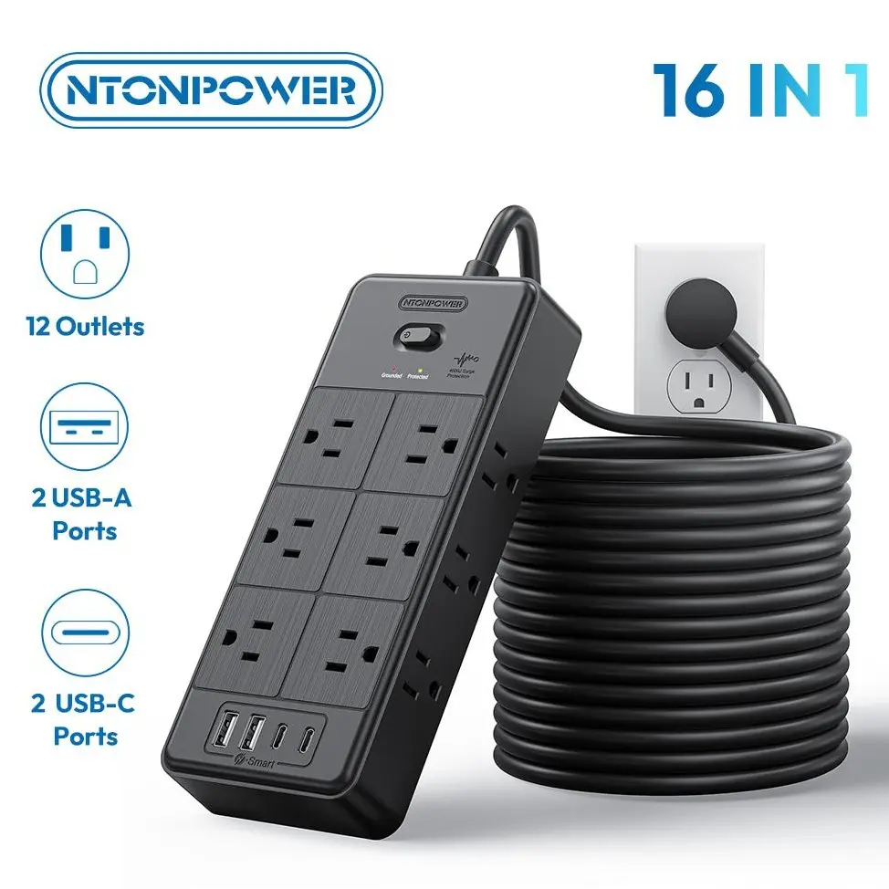 NTONPOWER Long Cord Power Strip, 25 FT Extension Cord with 12 Outlets & 4 USB Ports (2 USB C), 3 Side Multiple Outlet Extender, Wall Mounted for Home Office