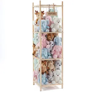 Corner Toy Organizer for Stuffed Animals - Wooden Plushie Holder, Solid Pine & Elastic Straps, Up to 40 Plush Toys for Playroom