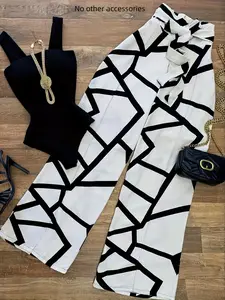 Sleeveless Top & Geometric Print Wide Leg Pants Set, Stylish Office Wear, Slimming Fashion Ensemble, 2 Piece Suit, Summer Clothing Set, Summer Outfits Set, Womenswear