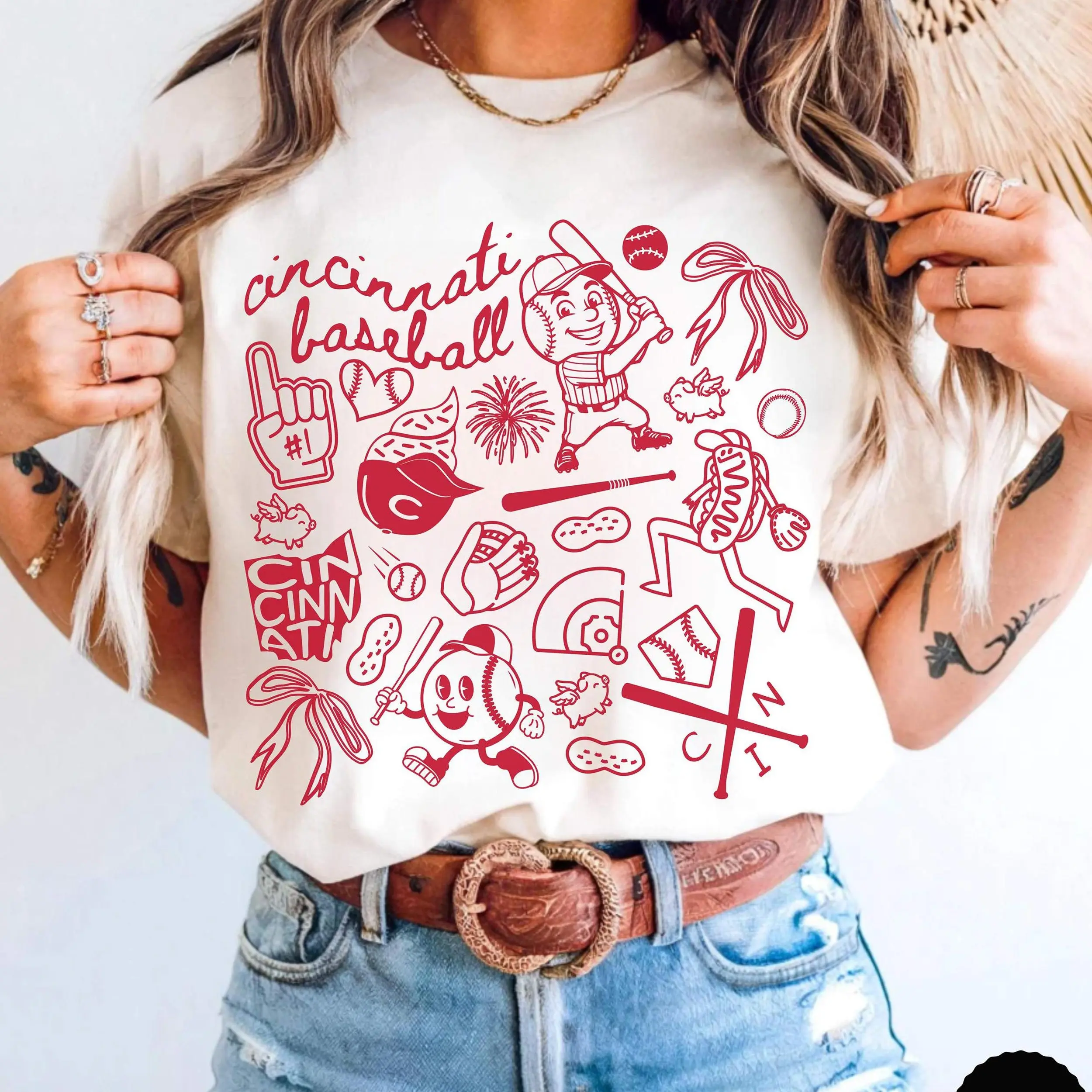 Cincinnati Baseball Doodle Graphic Tee, Cincinnati Baseball Game Day Youth Shirt, Cincinnati Baseball Game Day T-Shirt for Men, Women and Kids